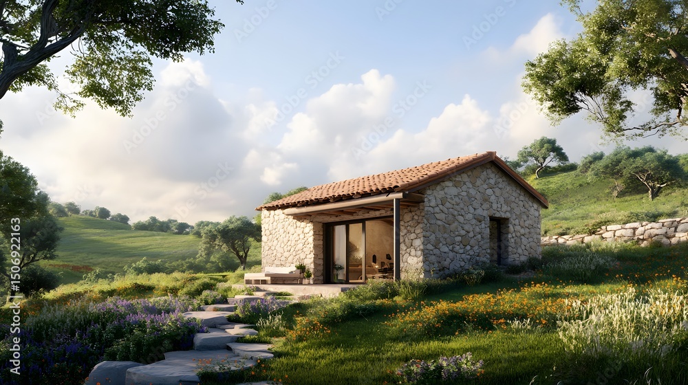 Fototapeta premium Countryside retreat with a stone cottage and rolling hills in the background