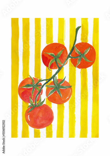 Trendy summer tropical poster featuring hand-painted tomatoes on a branch in acrylic style over a soft yellow striped background. Perfect for kitchen decor, packaging, textile prints, and