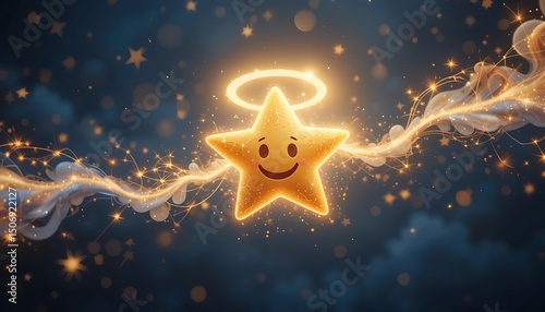 Shiny Smiling Star with Halo and Golden Sparkle Trails: Cute Cartoon Celestial Character in a Magical Dark Sky Background