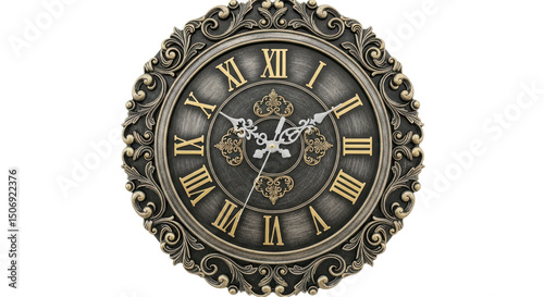 Isolated Ornate Antique Clock with Roman Numerals