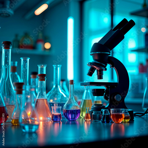 Tubes of liquid. Microscope. Science lab