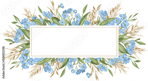 Green grass, dried wild flowers and blue beautiful forget-me-nots. Elegant botanical frame on a spring theme with space for text