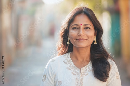 Indian woman exuding warmth and kindness, in a white embroidered kurti Free Download Indian woman exuding warmth and kindness, in a white embroidered kurti - GFXLoad