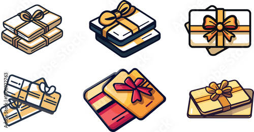 Collection of gift cards with ribbons isolated on white background