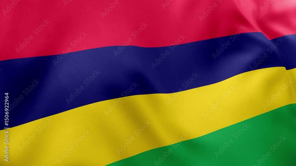 Realistic waving flag of Mauritius, red, blue, yellow, green horizontal stripes. African island nation symbol, Port Louis, patriotism, Mauritius