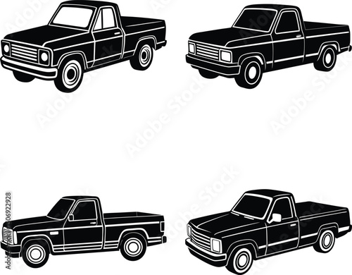 Black and white classic american pickup truck silhouettes different angles variations