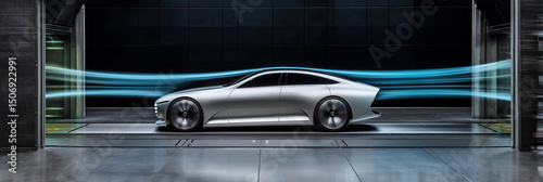 Futuristic Silver Car Prototype Testing Aerodynamics in Industrial Wind Tunnel Laboratory Environment for Development Research and Science