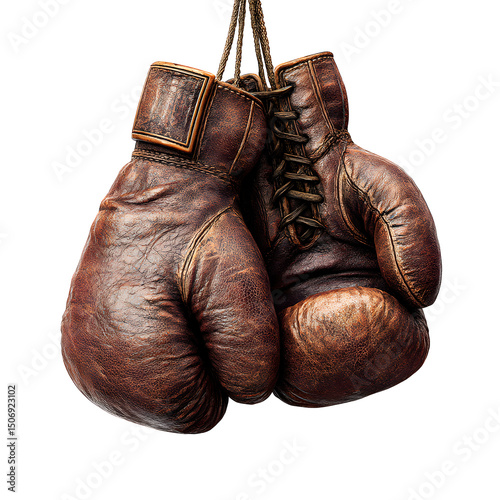 A pair of worn, leather boxing gloves hanging against a dark backdrop, aged with use.