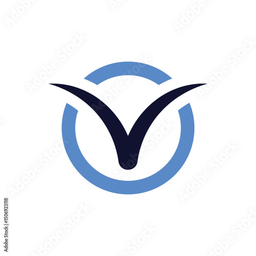 dark blue stylized letter "V" or checkmark shape enclosed within a light blue circular outline. It suggests validation, verification, or a brand with a "V" initial
