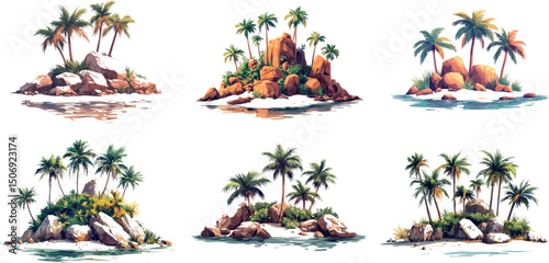 Tropical islands with palm trees isolated on white background