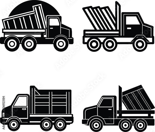 Black and white illustration of four different heavy construction dump trucks