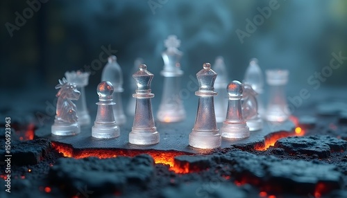 A stunning image of a metallic chess set displayed on a fiery lava-themed board, enveloped by smoke and dramatic lighting, with melting ice glass figures