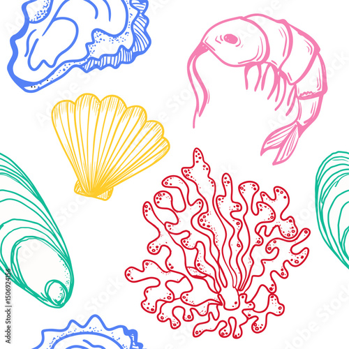 La dolce vita themed seamless pattern with Seafood. The Scallop, Shrimp, Coral, Oyster with hand drawn colourful contour on white background. Hand-drawn vector inspired by Summer Italian aesthetic.