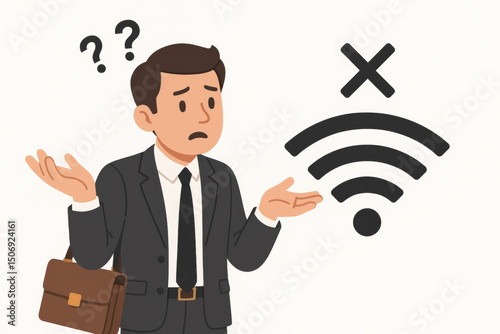 Confused businessman with no WiFi signal connection problem. Professional man in suit showing frustration with internet network issues. Technology trouble concept vector