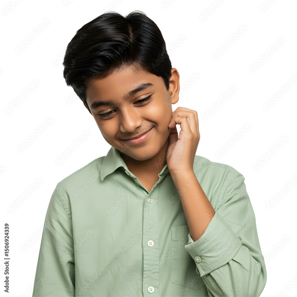 Sweet elementary age kid gentle smile looking down bashfully hand cheek shyness Sweet elementary age kid gentle smile looking down bashfully hand cheek shyness