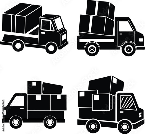 Black and white illustration of trucks delivering cardboard boxes and packages