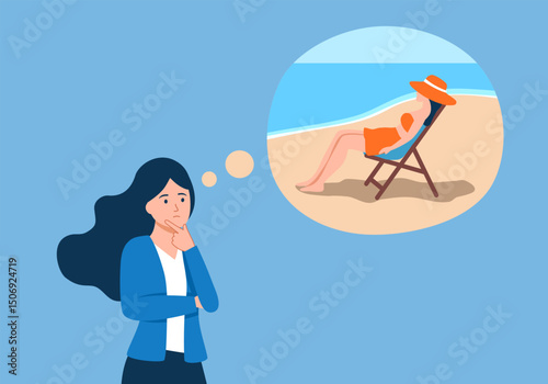 Businesswoman dreaming about vacation on a tropical island in flat design.