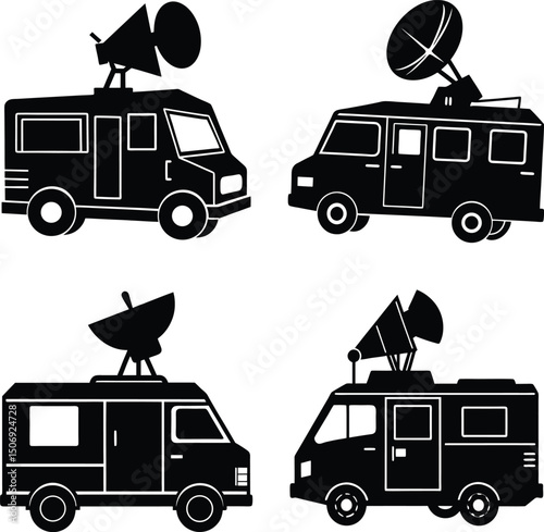 Collection of black and white news van vehicles with satellite dishes