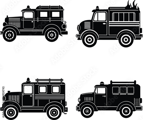 Vintage fire truck collection black silhouette design set emergency vehicle transport icons