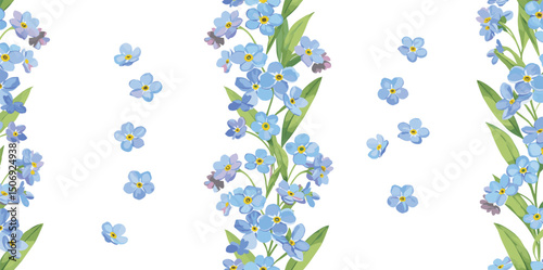 Spring delicate blue forget-me-not flowers. Botanical watercolor seamless pattern on white background, perfect for eco branding, packaging, cards,