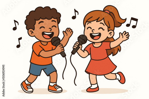 Children kids singing karaoke microphones musical performance entertainment. Happy joyful boy girl duo vocal concert show stage. Fun cartoon vector illustration music activity