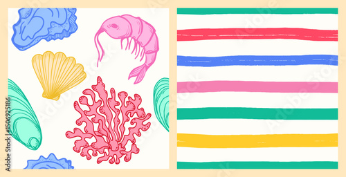 La dolce vita themed seamless pattern set with Seafood. The Scallop, Shrimp, Coral, Oyster with hand drawn colourful Stripes print on white background. Hand-drawn vector inspired by Summer Italian aes