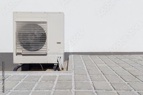 Outdoor Air Conditioner Unit White Wall Paving