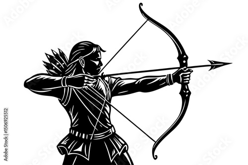 Archery Silhouette Archer Aiming Bow and Arrow, archer, archery, bow, arrow, silhouette, intense, powerful, visual, hero, aesthetic, courage, practice, skill, pose, strength, picture, monochrome, clip