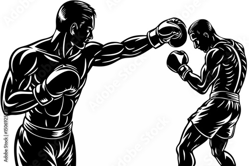 Vintage Boxing Illustration Two Boxers in Action, boxing, vintage, sports, fight, strike, powerful, muscle, tournament, passion, contest, victory, match, skill, determination, strength, concentration,