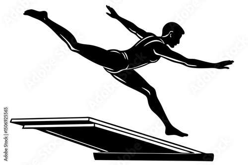Dynamic Dive Silhouette of a Diver Leaping from a Springboard, diver, diving, springboard, silhouette, sports, grace, powerful, talent, win, games, victory, jump, skill, pose, strength, perfect, champ