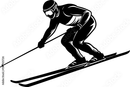 Dynamic Skier Carving Downhill Black and White Illustration, skier, skiing, downhill, winter, sports, intense, powerful, visual, passion, excitement, escape, victory, skill, picture, dynamic, challeng