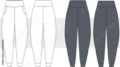 Yoga harem balloon pants, high elastic waist fashion technical drawing, illustration, vector. Front and back view, CAD, Mockup.