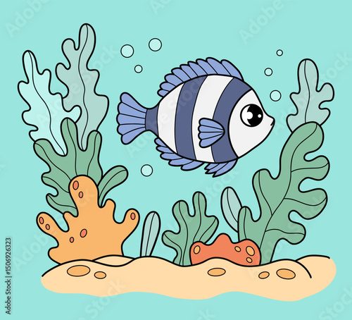 Cute Tropical striped Fish swim among seaweed on seabed. Scalary. Underwater seascape landscape. Color Hand Drawing. Vector illustration. Kids collection