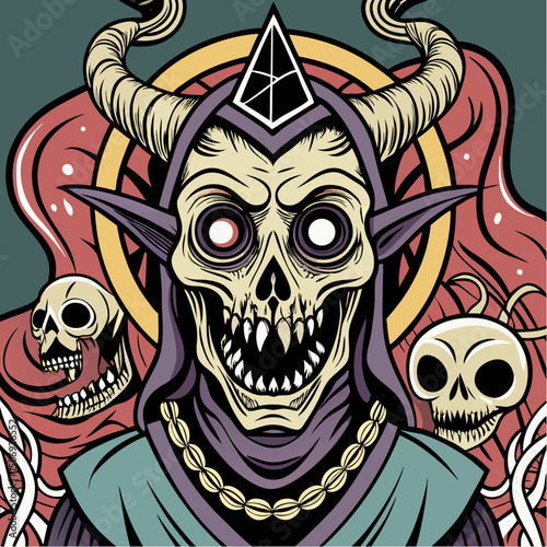 Sinister Demon Illustration: An intricately designed illustration of a fearsome demon, featuring a skeletal face, horns, and a dark, hooded attire. The artwork exudes a haunting atmosphere.