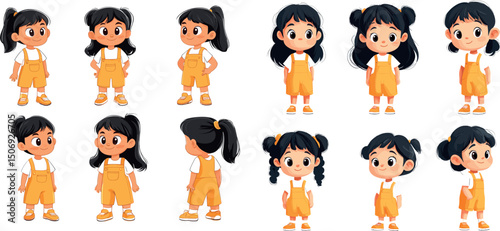 Cartoon girls in yellow overalls isolated on white background