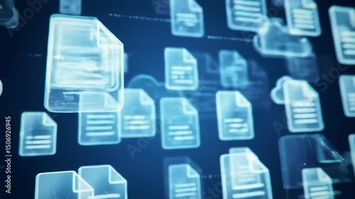 Digital document icons float in a virtual cloud interface, data transfer and archiving in a futuristic network – concept of cloud storage and cybersecurity
