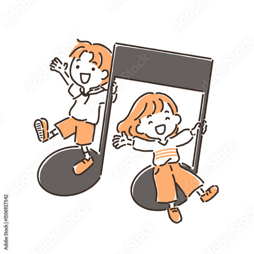 音符に乗って手を広げている男の子と女の子