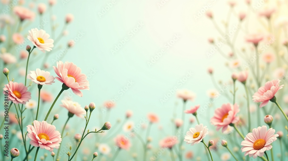 Obraz premium Artistic Composition of Purple and White Flowers on Soft Blue Background