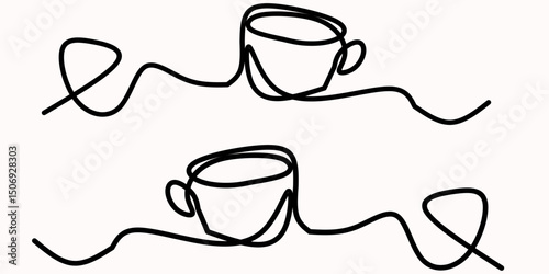 Minimalist continuous line drawing of two coffee cups connected by a circular black line on a white background. Modern abstract art suitable for cafes, or cozy beverage themed designs.