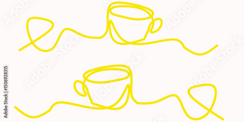 Minimalist continuous line drawing of two coffee cups connected by a circular yellow line on a white background. Modern abstract art suitable for cafes, or cozy beverage themed designs.