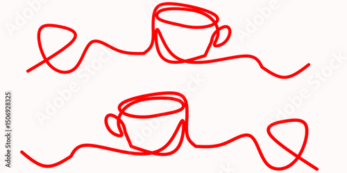 Minimalist continuous line drawing of two coffee cups connected by a circular red line on a white background. Modern abstract art suitable for cafes, or cozy beverage themed designs.
