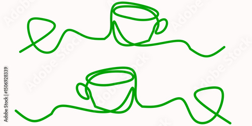 Minimalist continuous line drawing of two coffee cups connected by a circular green line on a white background. Modern abstract art suitable for cafes, or cozy beverage themed designs.