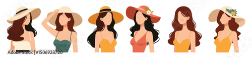 Vector woman in half body summer dress and hat set