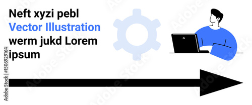 Man seated using a laptop, gear as a process symbol, and an arrow denoting direction. Ideal for workflow, process management, career growth, progress, teamwork, development and simple landing page
