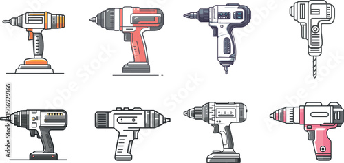 Collection of different drills isolated on white background