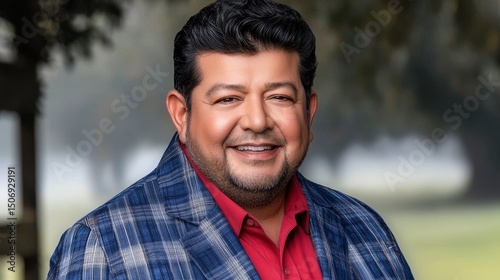 Friendly Male Portrait in Outdoors Setting with Green Background and Smiling Expression