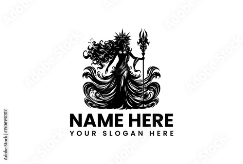 A striking vector logo silhouette of Goddess Durga with flowing hair and a trident