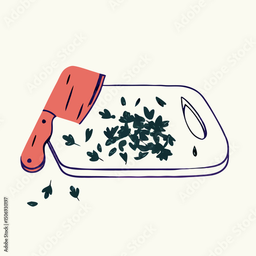 Chopping Herbs on Wooden Cutting Board with Cleaver