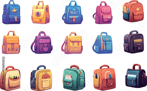 Collection of colorful cartoon school backpacks isolated on white background