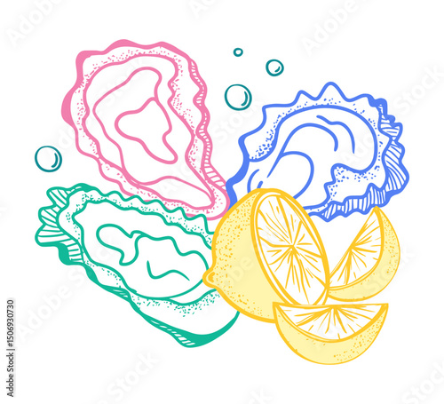 La Dolce Vita themed Print with Seafood. Oysters with Lemon print. Hand-drawn vector inspired by Summer Italian aesthetic for restaurant, t-shirt, café and seafood menu.
